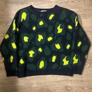 Artlove Paris Black and Green Leopard Print Wool Sweater Small
